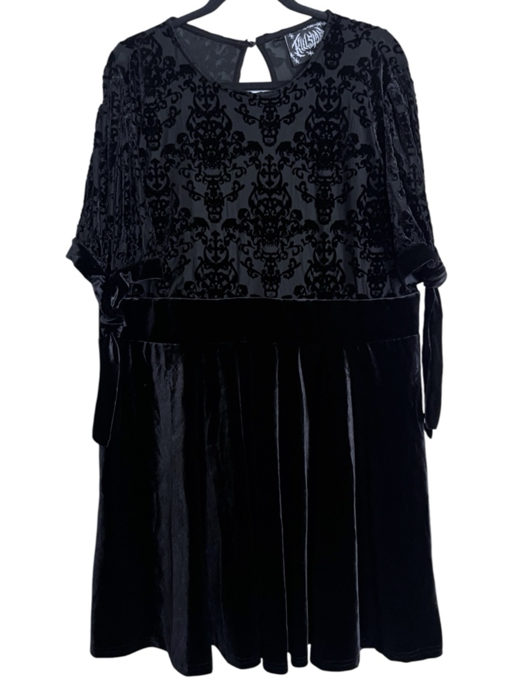Killstar Velvet Burnout Short Tie Sleeve Fit and Flare Mini Dress 4X black